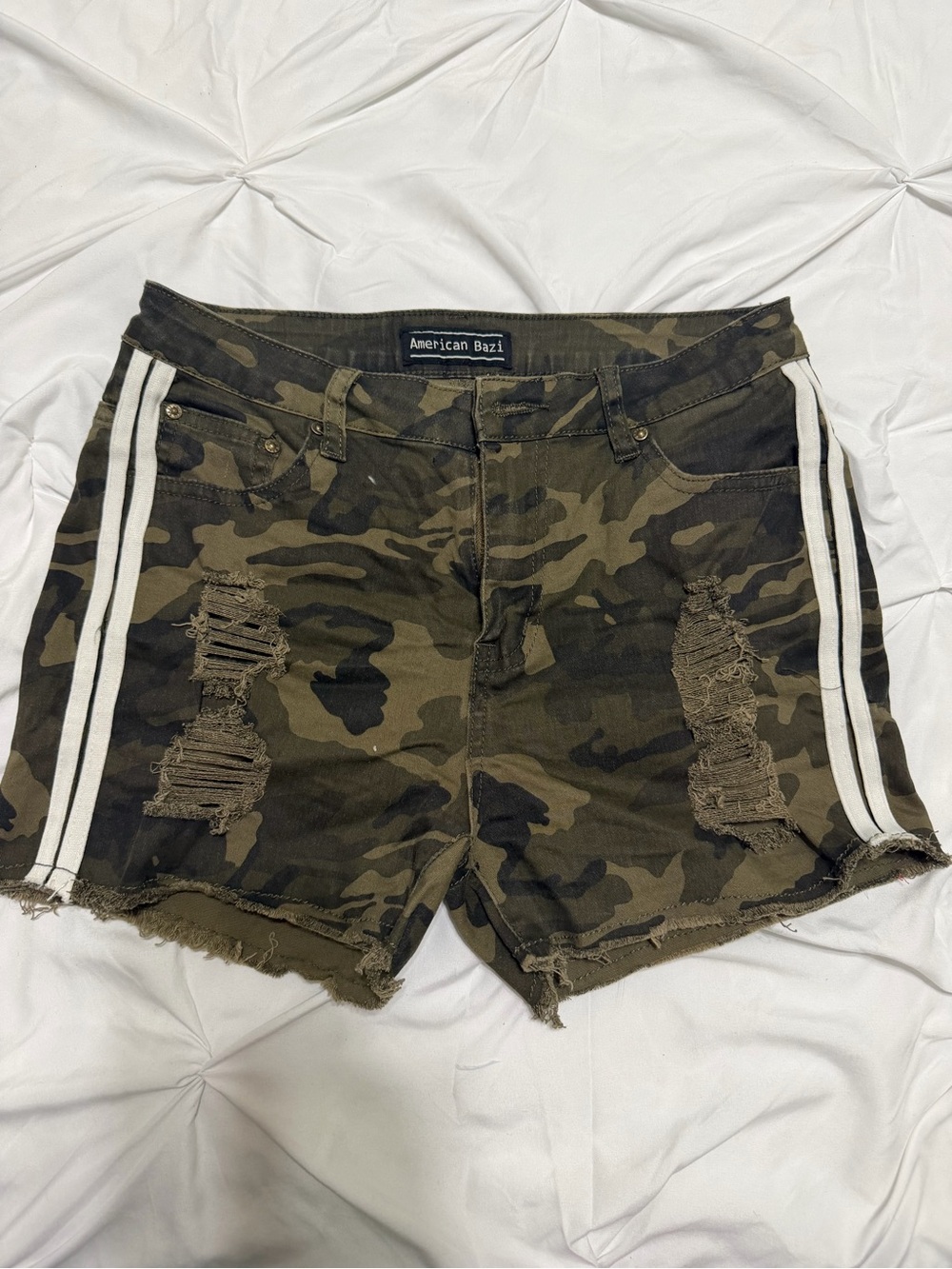 American Bazi Women's Camo Distressed Shorts with Side Stripes - Olive